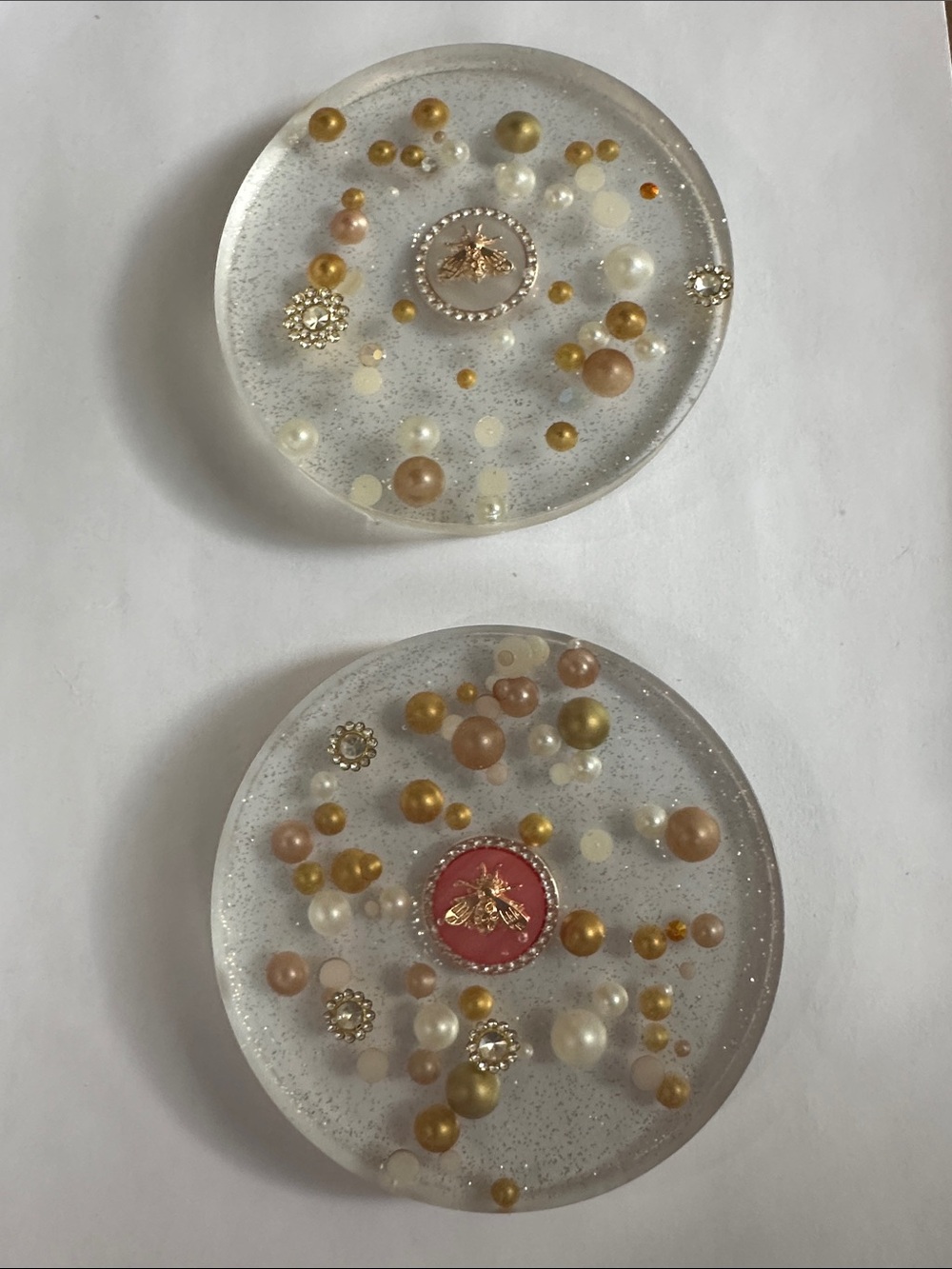 Handmade Clear Resin coasters (2) with Gold and Pink Accents